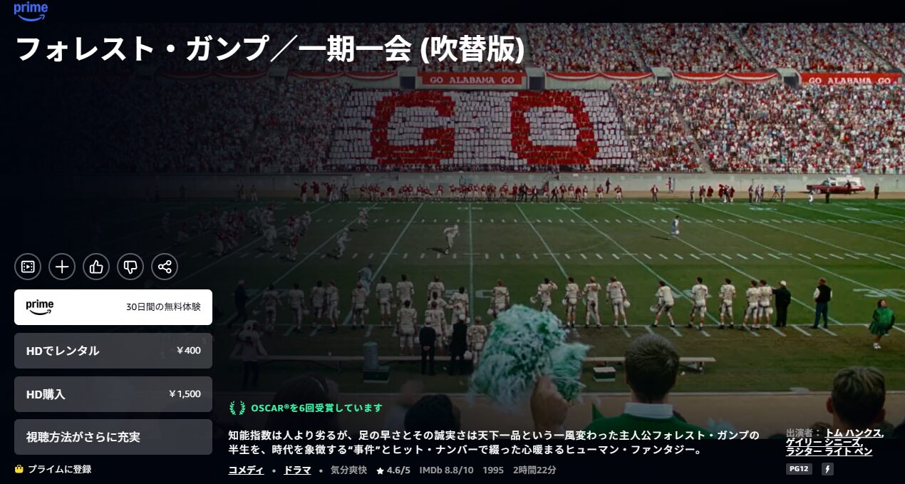 Amazonプライムのフォレスト・ガンプ 一期一会配信画像
