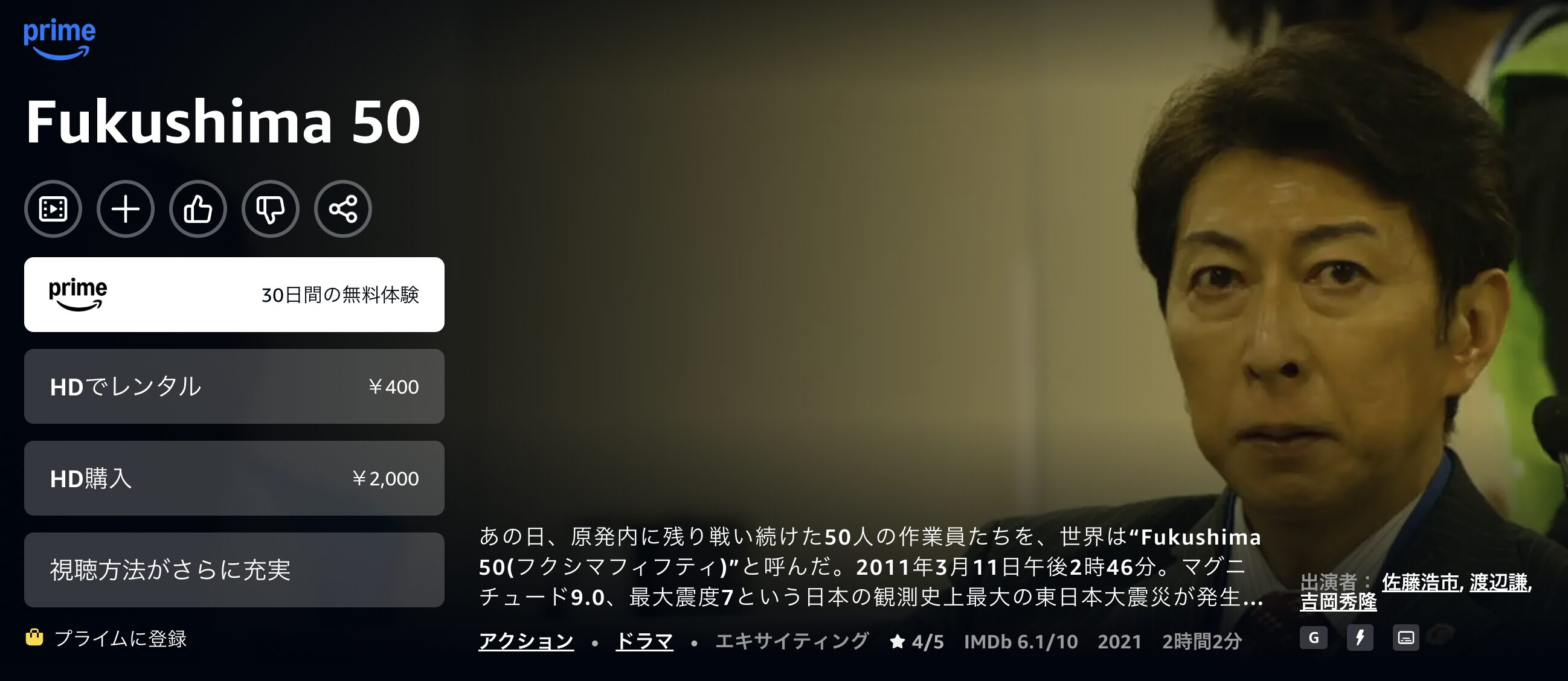 AmazonプライムのFukushima 50配信画像
