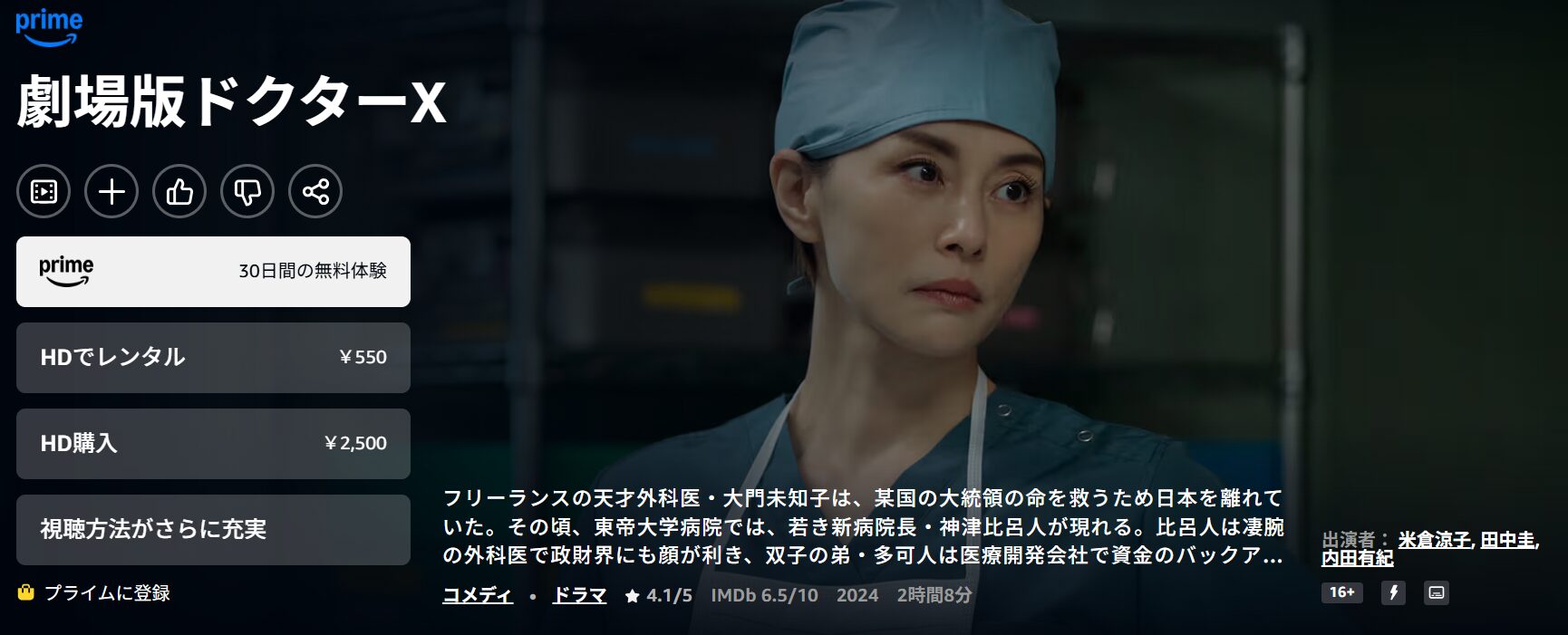 Amazonプライムの劇場版ドクターX FINAL配信画像
