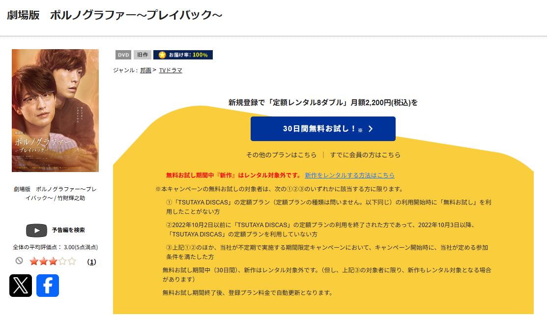 TSUTAYA DISCASの劇場版ポルノグラファー〜プレイバック〜