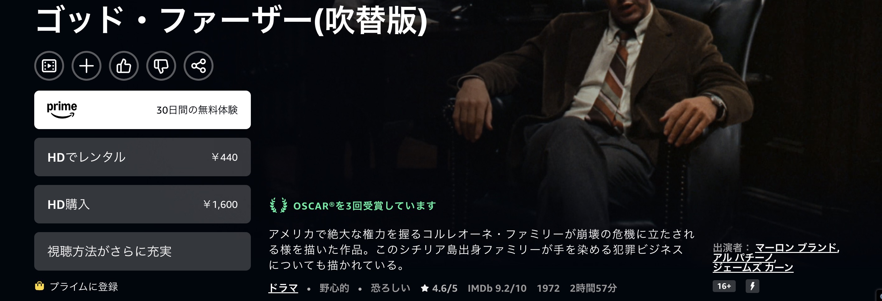 Amazonプライムのゴッドファーザー配信画像
