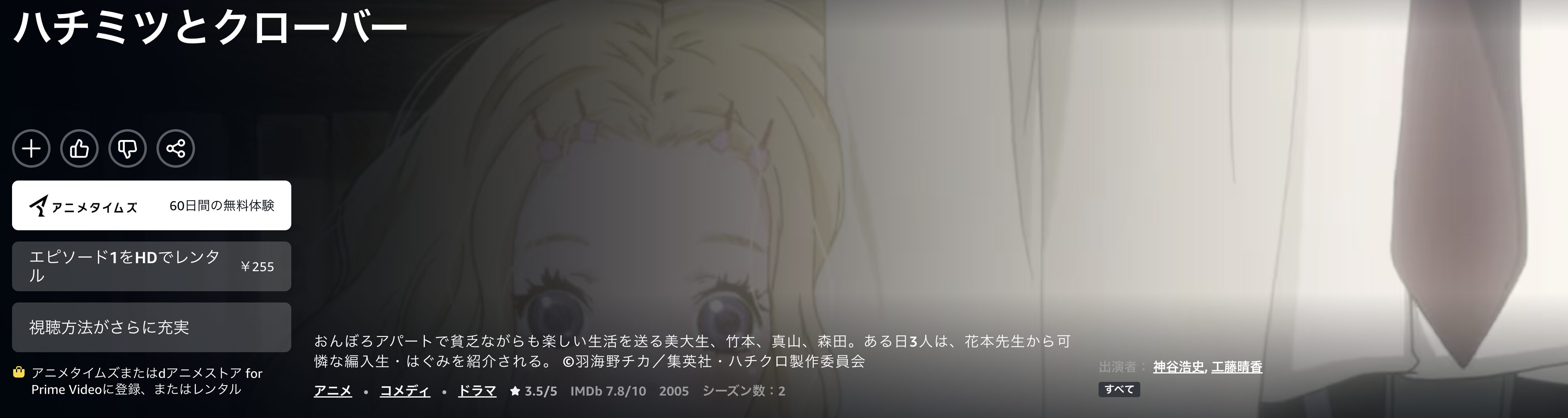 Amazonプライムのハチミツとクローバー（1期）配信画像
