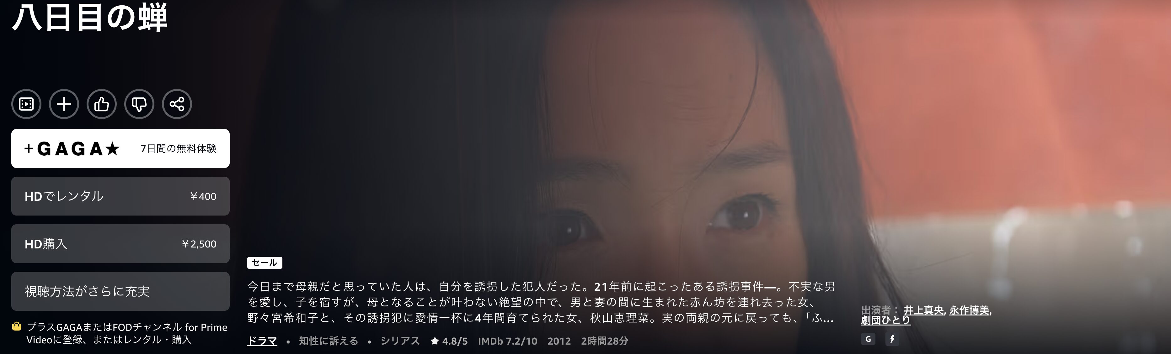 Amazonプライムの八日目の蝉配信画像
