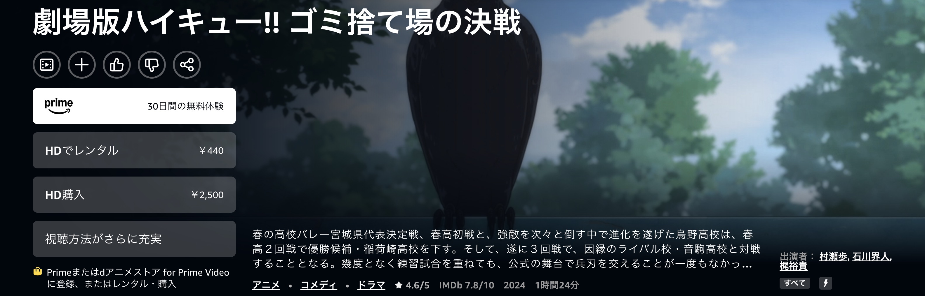Amazonプライムの劇場版ハイキュー!! ゴミ捨て場の決戦配信画像
