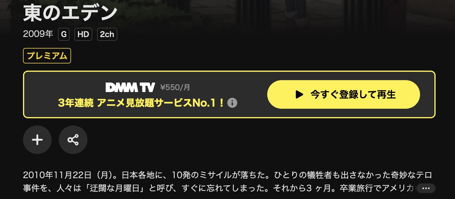 DMM TVの東のエデン配信画像
