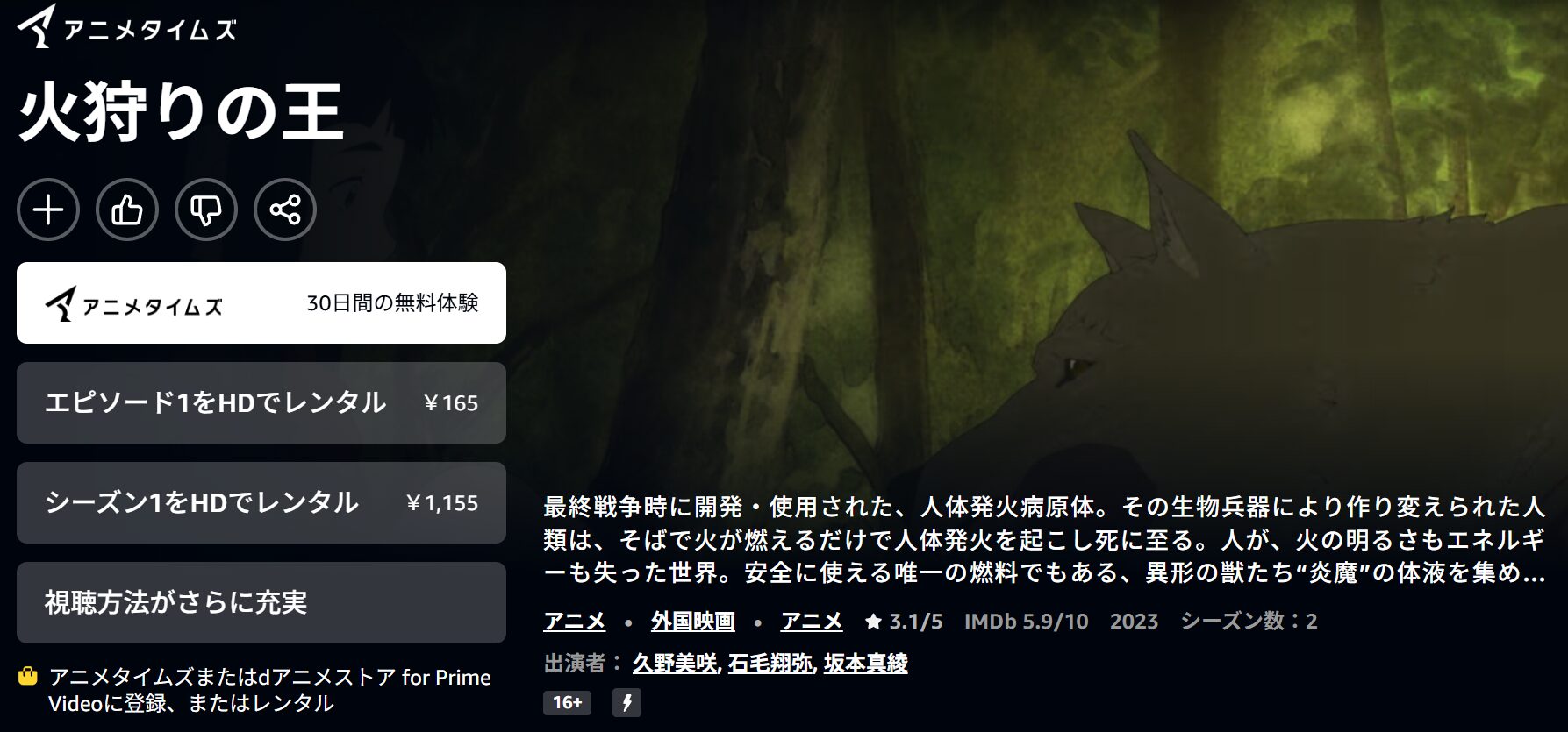 Amazonプライムの火狩りの王配信画像