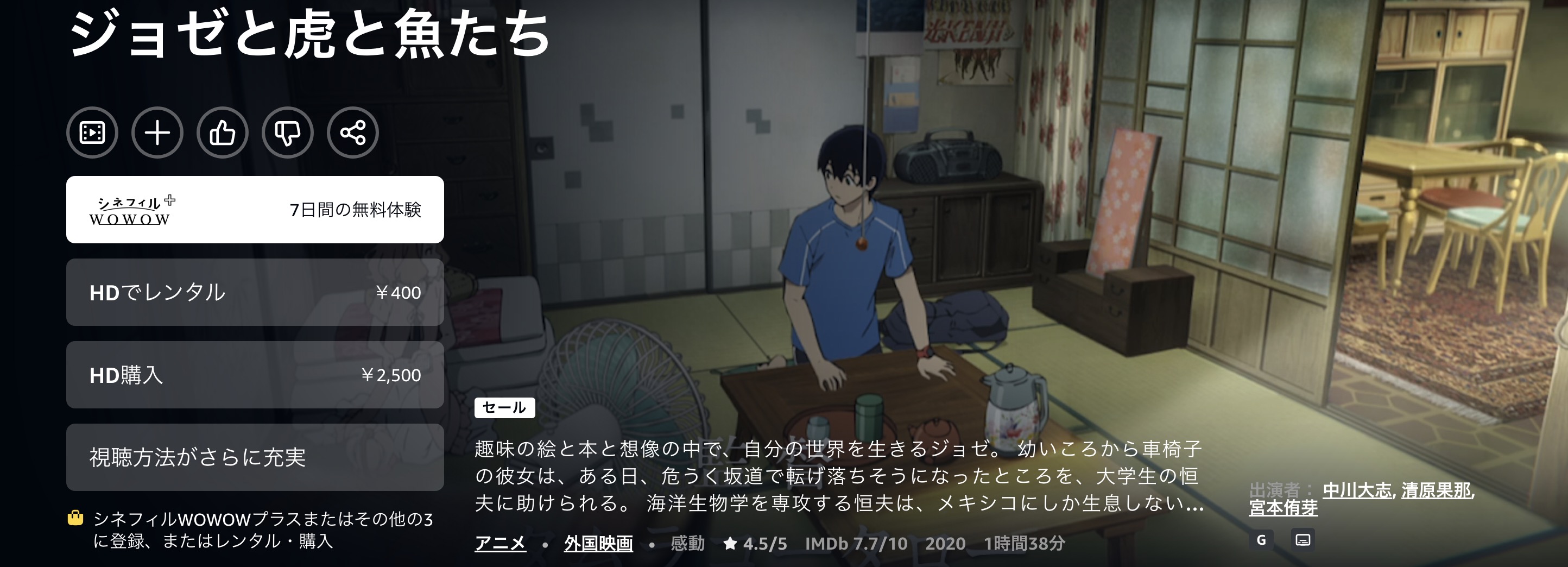 Amazonプライムのジョゼと虎と魚たち アニメ配信画像
