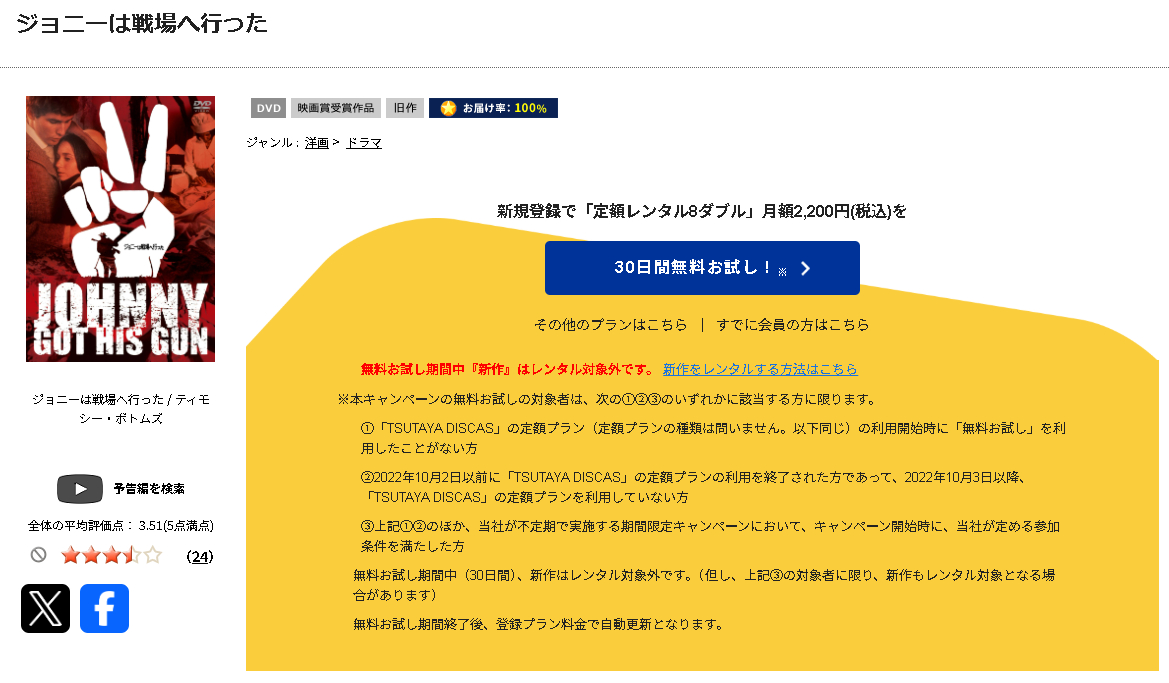 TSUTAYA DISCASのジョニーは戦場へ行った