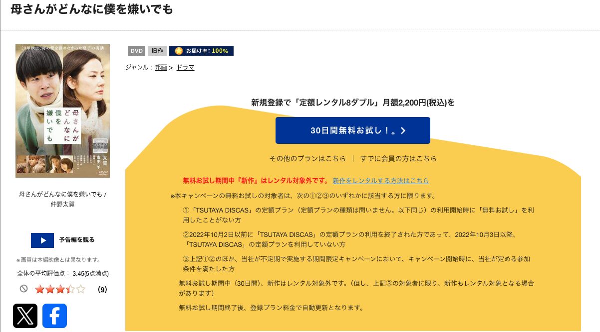 TSUTAYA DISCASの母さんがどんなに僕を嫌いでも