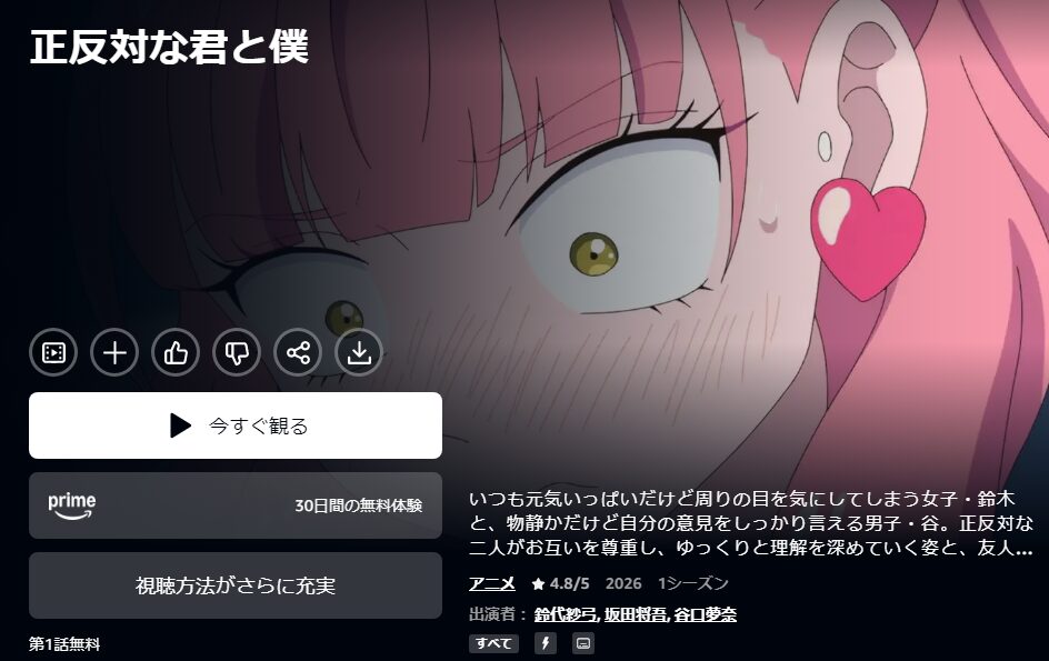 Amazonプライムの正反対な君と僕配信画像