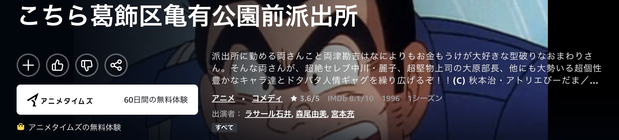Amazonプライムのこちら葛飾区亀有公園前派出所（こち亀）配信画像