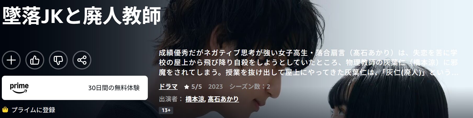 Amazonプライムの墜落JKと廃人教師配信画像