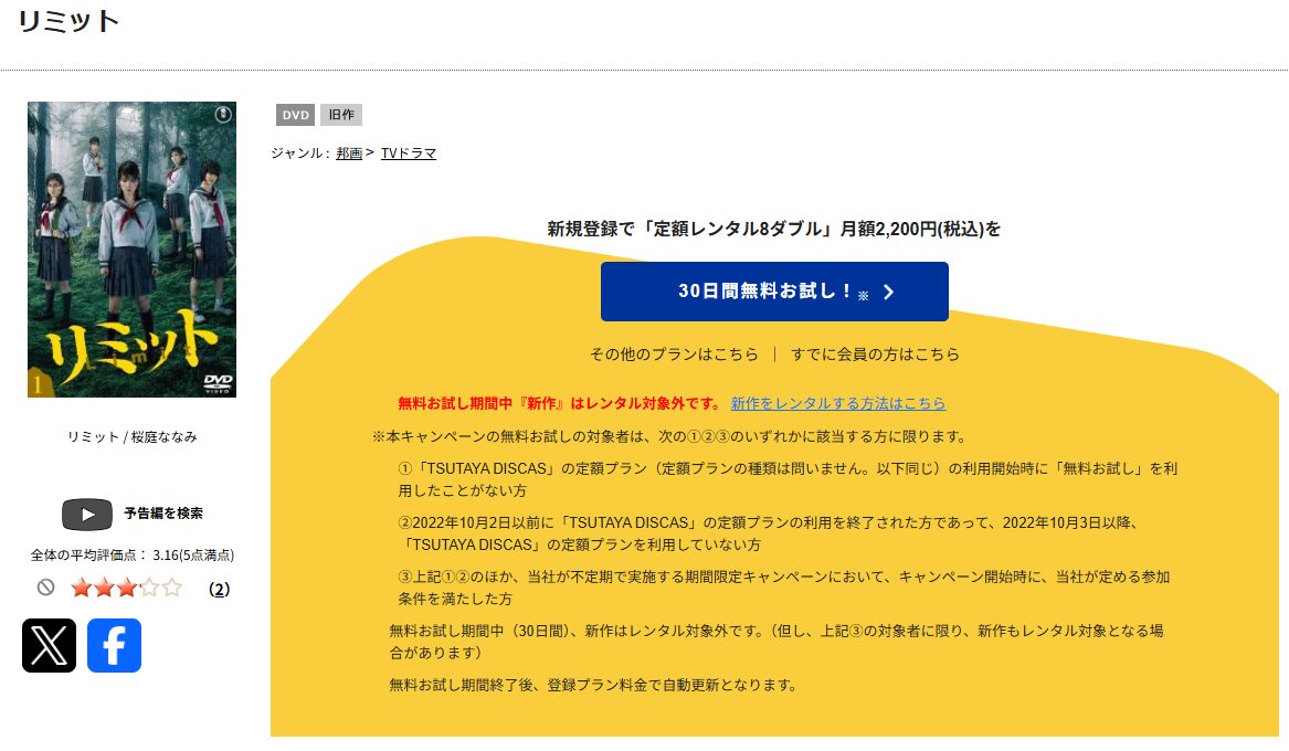 TSUTAYA DISCASのリミット