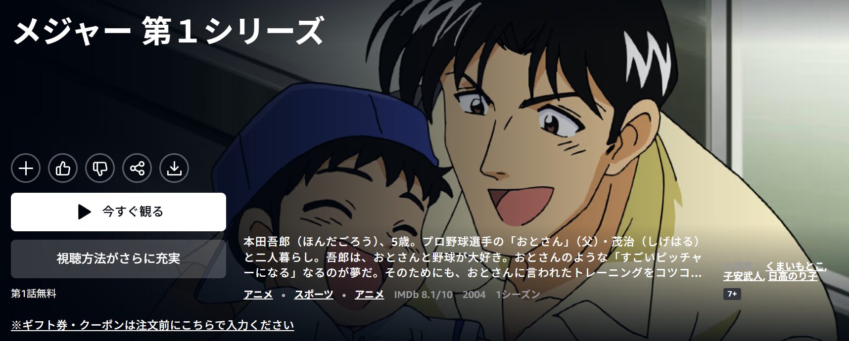 Amazonプライムのメジャー第1シリーズ(1期)配信画像