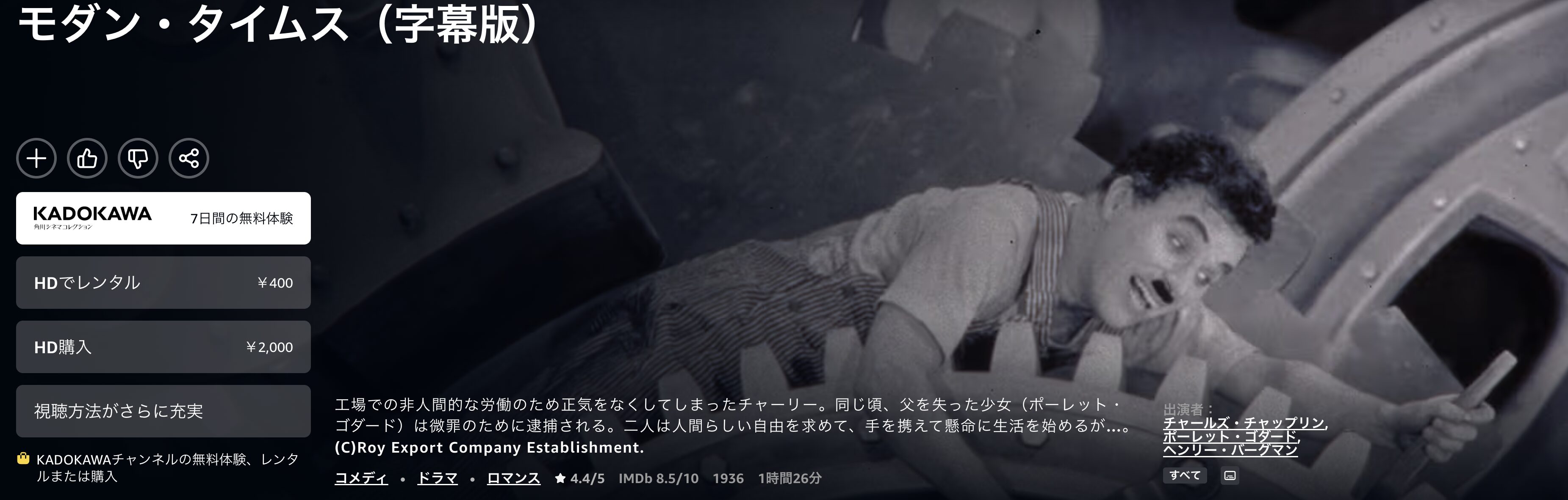 Amazonプライムのモダン・タイムス配信画像