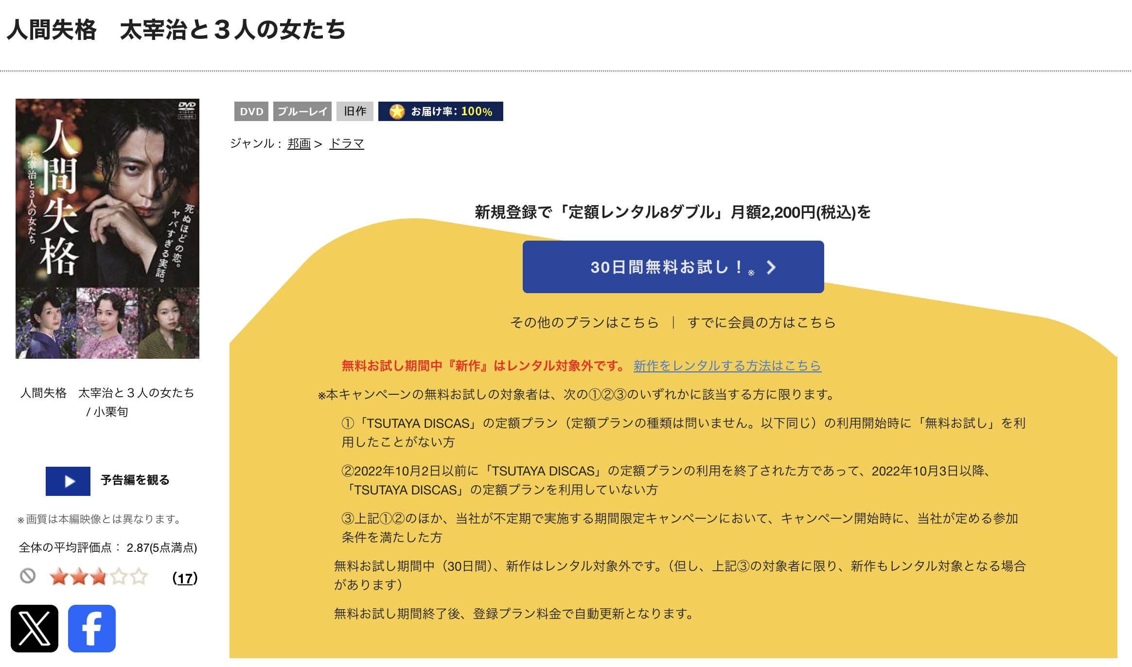 TSUTAYA DISCASの人間失格 太宰治と3人の女たち