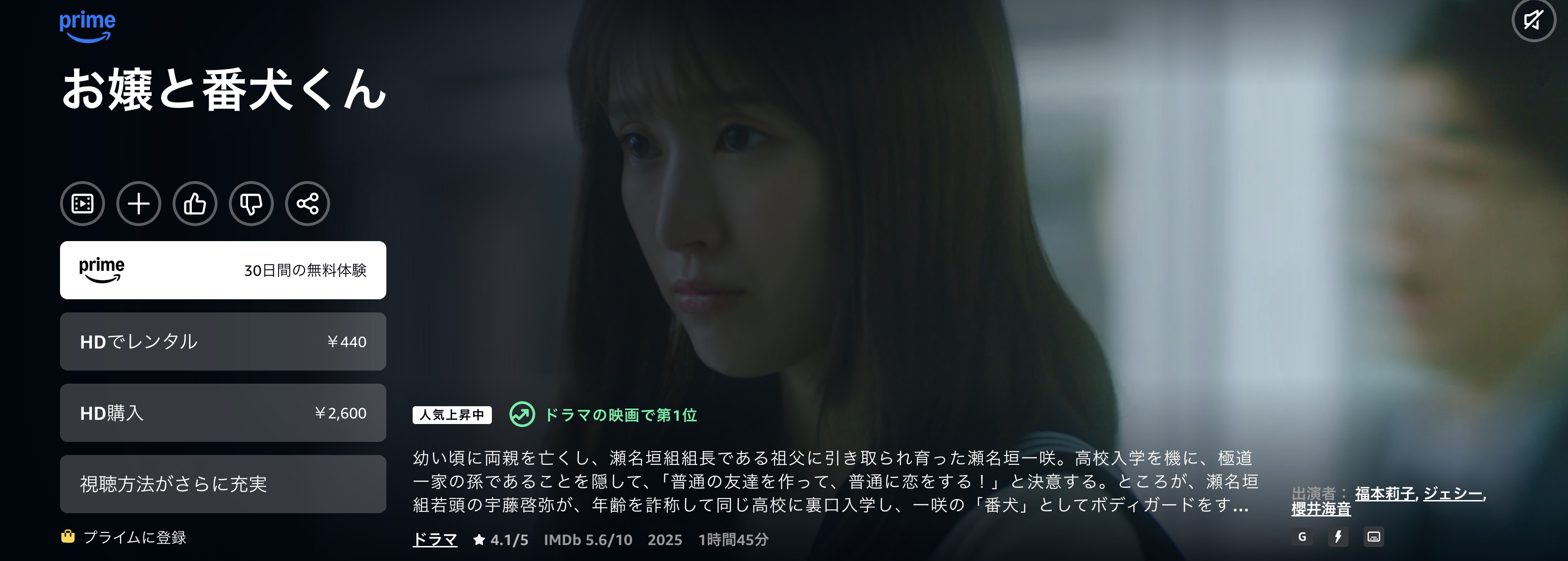 Amazonプライムのお嬢と番犬くん(実写)配信画像