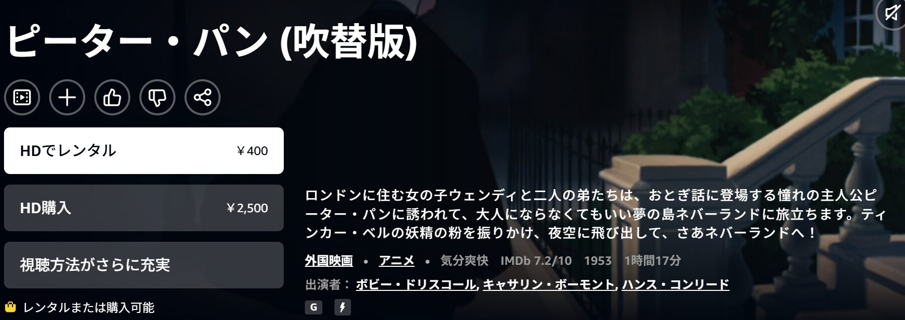 Amazonプライムのピーター・パン配信画像