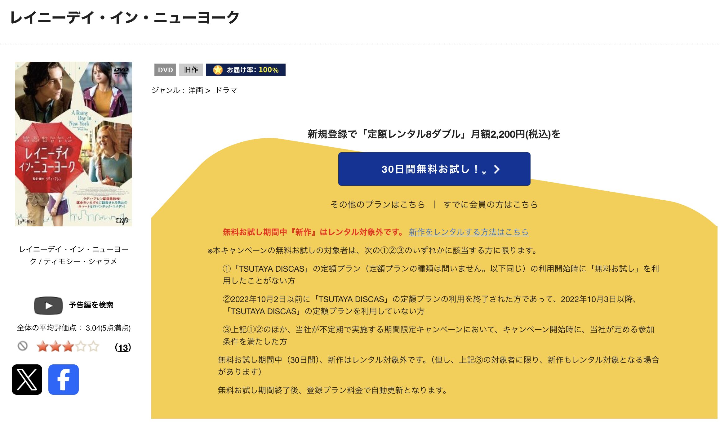 TSUTAYA DISCASのレイニーデイ・イン・ニューヨーク