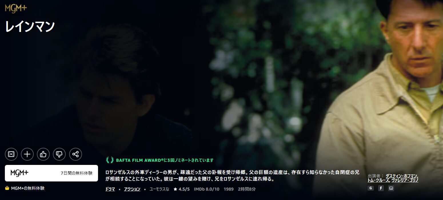 Amazonプライムのレインマン配信画像