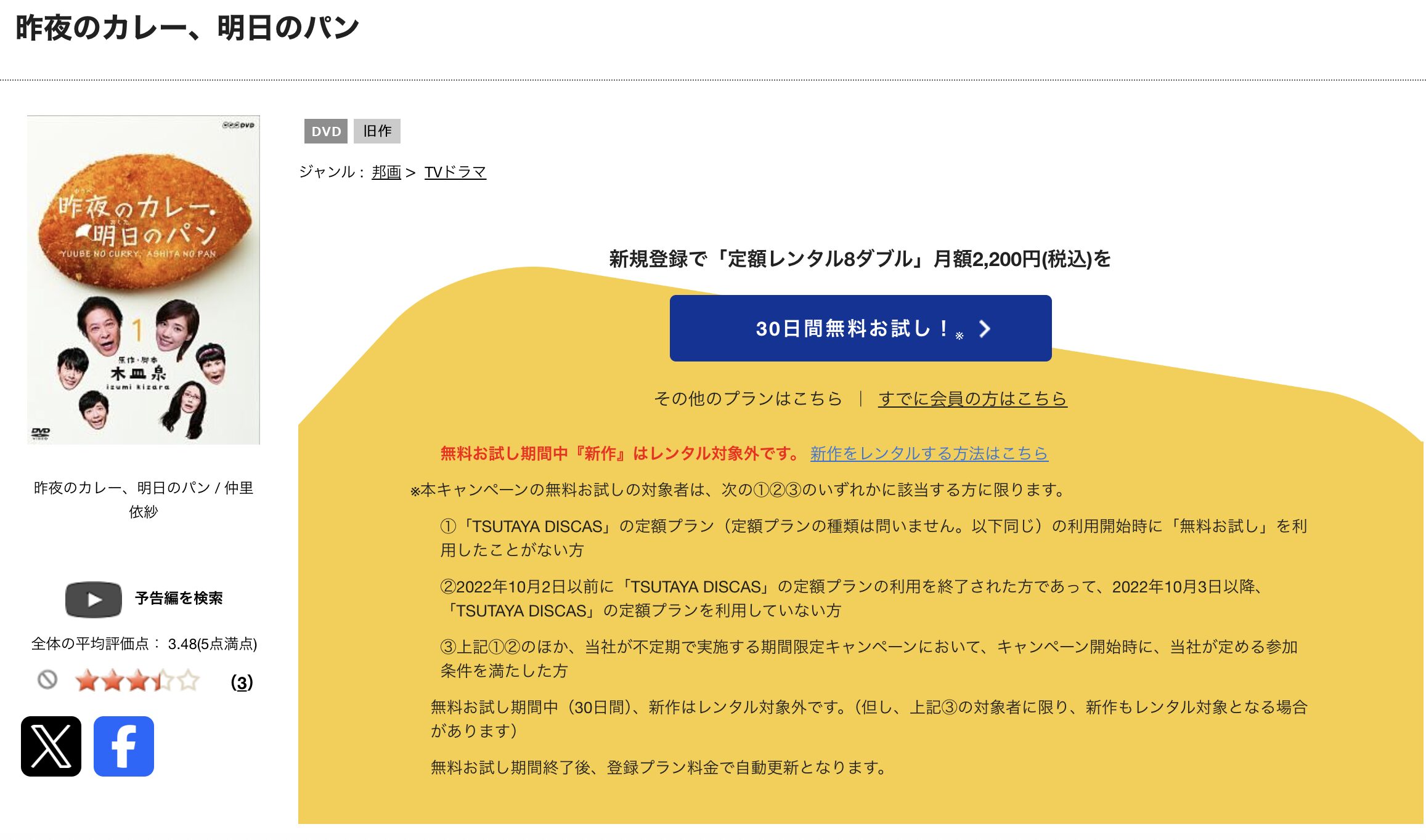 TSUTAYA DISCASの昨夜のカレー、明日のパン