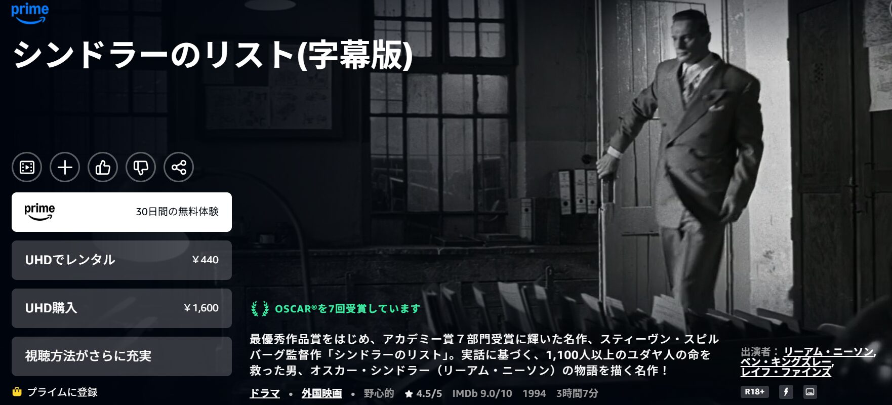 Amazonプライムのシンドラーのリスト配信画像