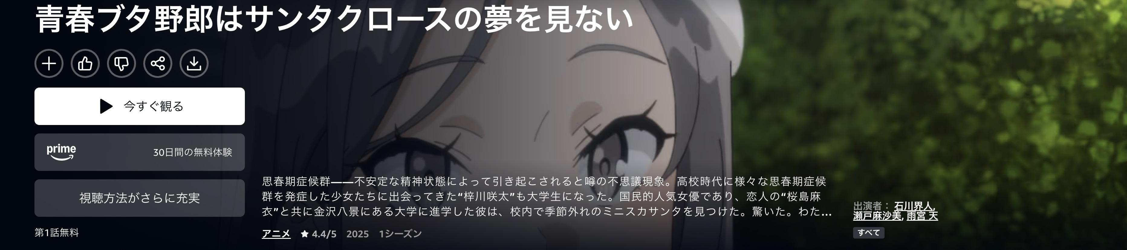 Amazonプライムの青春ブタ野郎はサンタクロースの夢を見ない配信画像