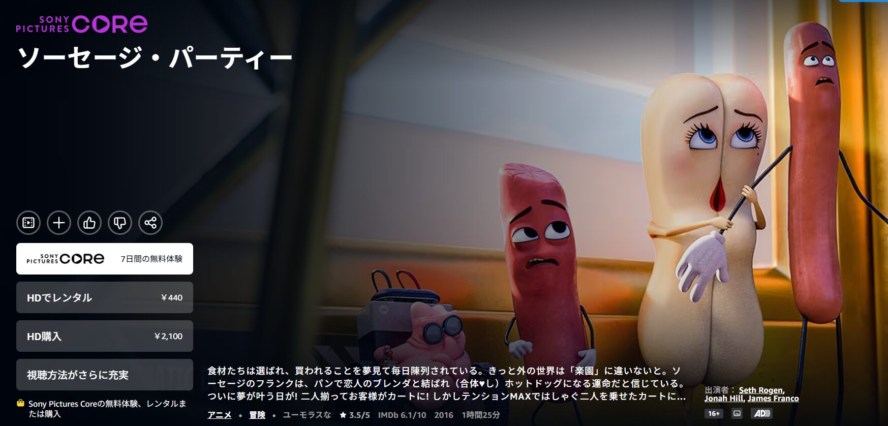 Amazonプライムのソーセージ・パーティー配信画像