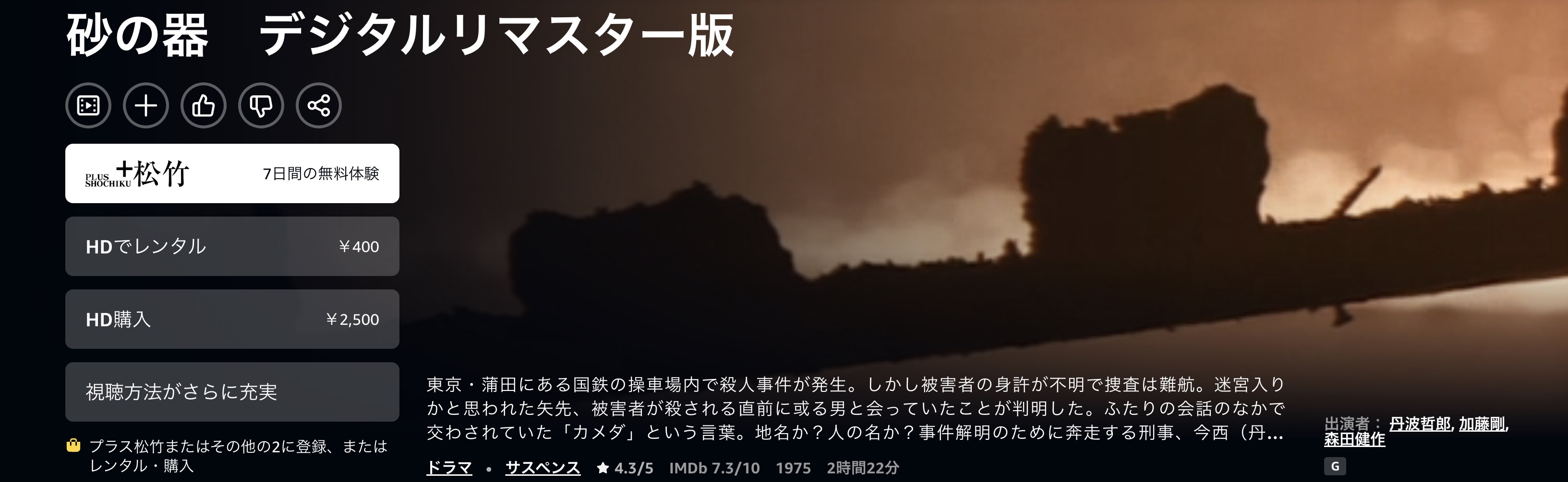 Amazonプライムの砂の器（1974）配信画像