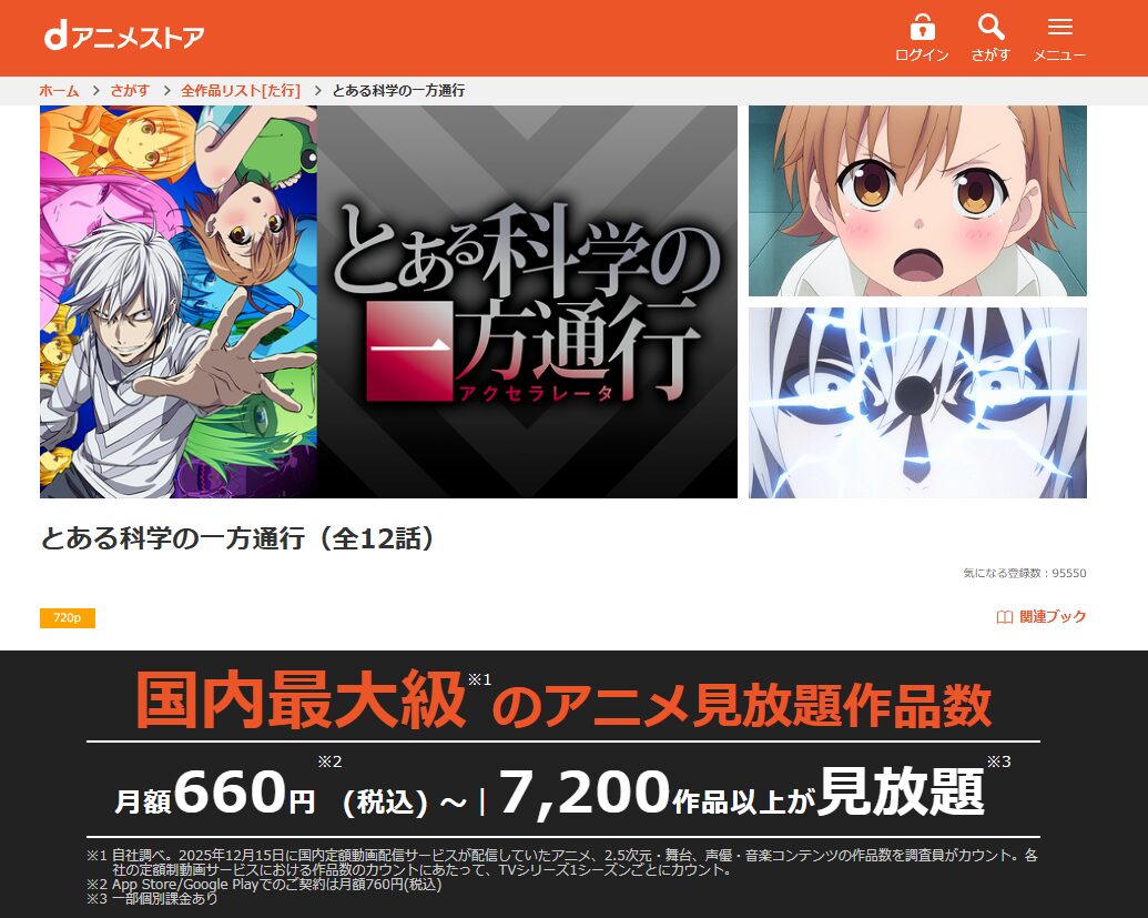 dアニメストアのとある科学の一方通行配信画像