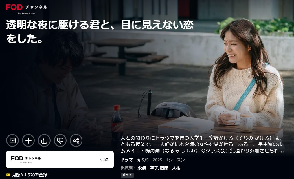 Amazonプライムの透明な夜に駆ける君と、目に見えない恋をした。配信画像