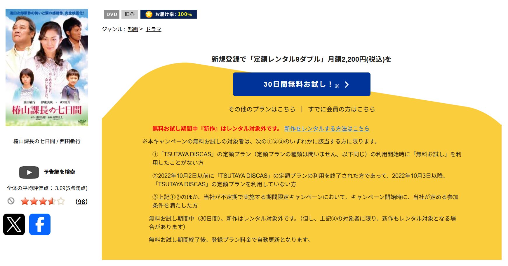 TSUTAYA DISCASの椿山課長の七日間
