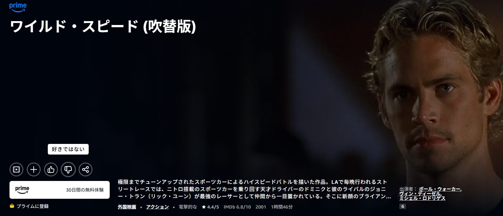 Amazonプライムのワイルド・スピード配信画像