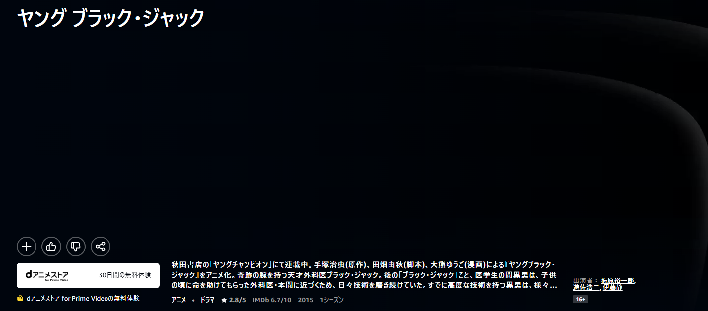 Amazonプライムのヤングブラックジャック配信画像