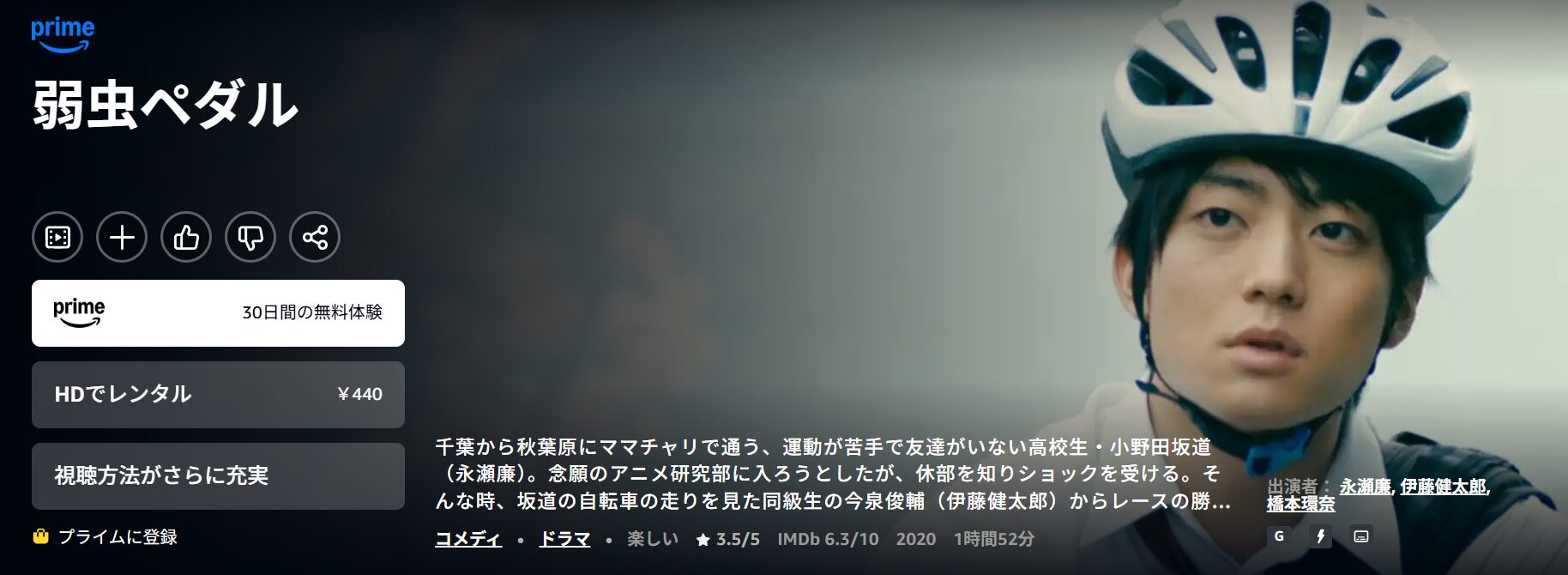 Amazonプライムの弱虫ペダル(永瀬廉)配信画像