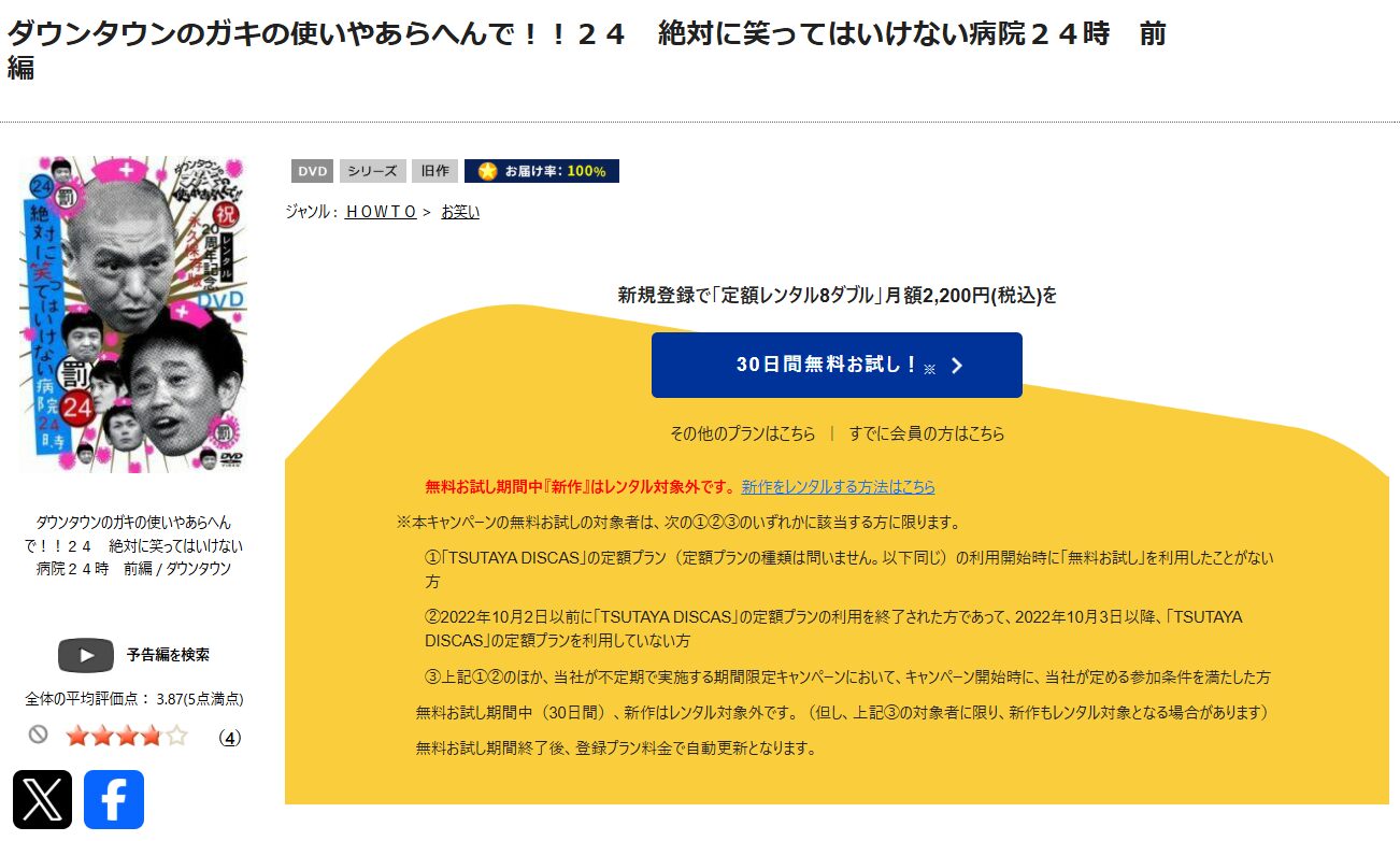 TSUTAYA DISCASの絶対に笑ってはいけない病院24時（ガキ使2007）