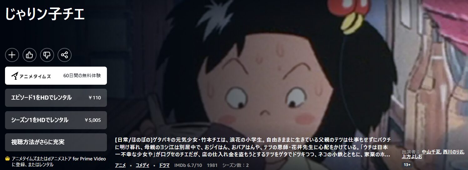Amazonプライムのじゃりン子チエ配信画像