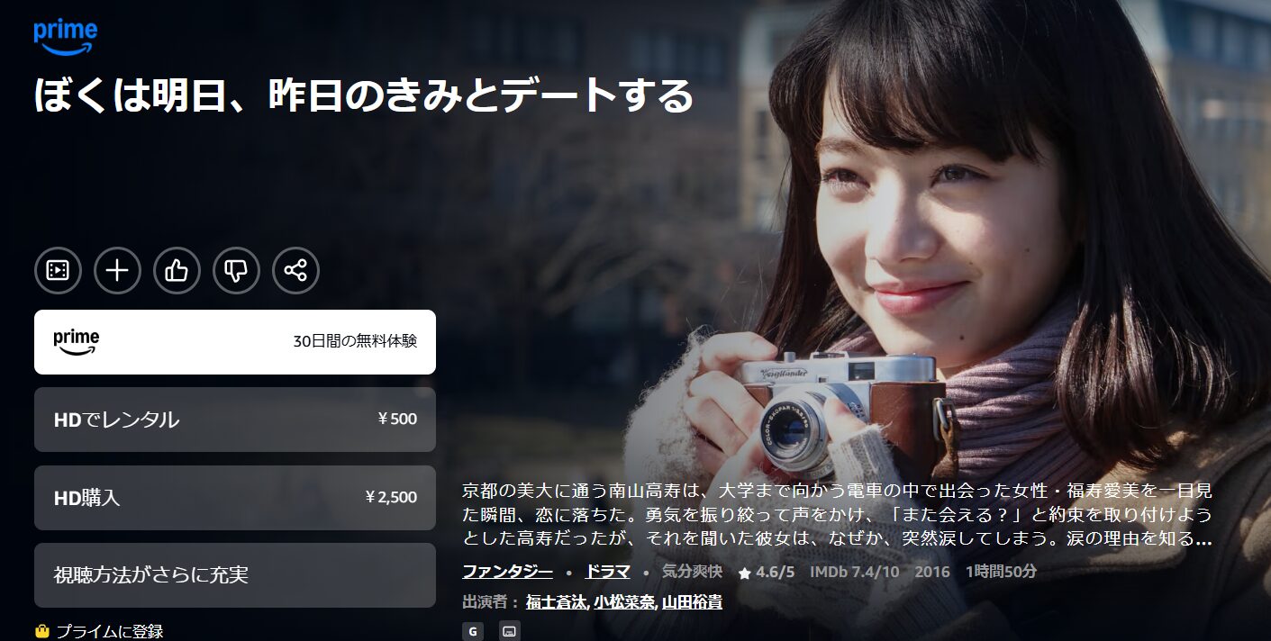 Amazonプライムのぼくは明日、昨日のきみとデートする配信画像