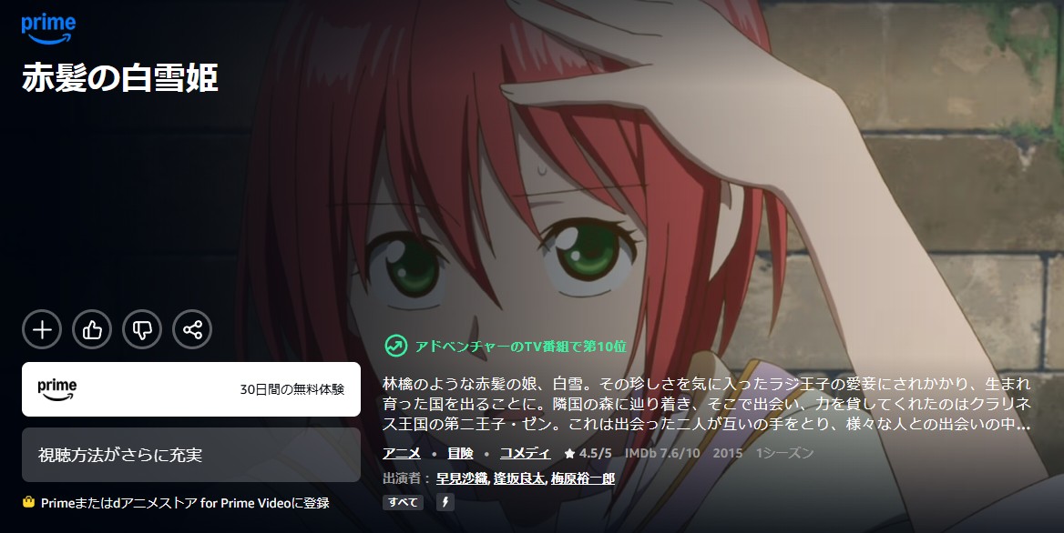 Amazonプライムの赤髪の白雪姫配信画像