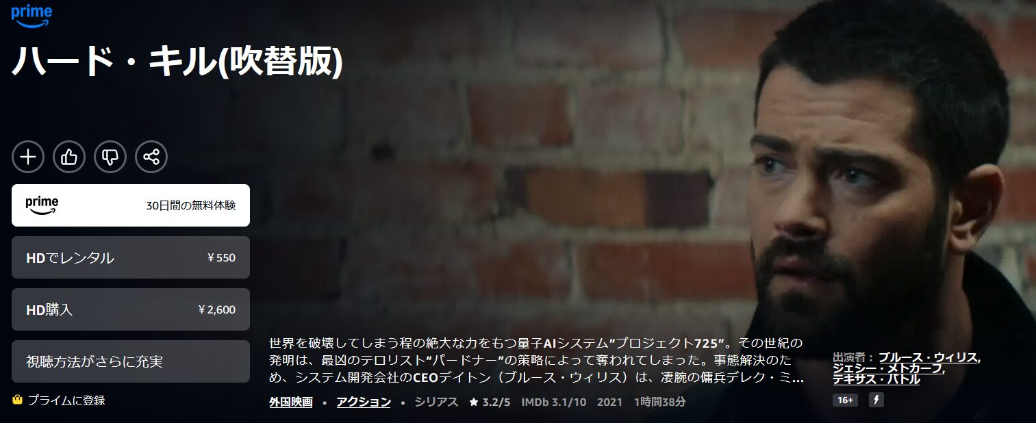 Amazonプライムのハード・キル配信画像