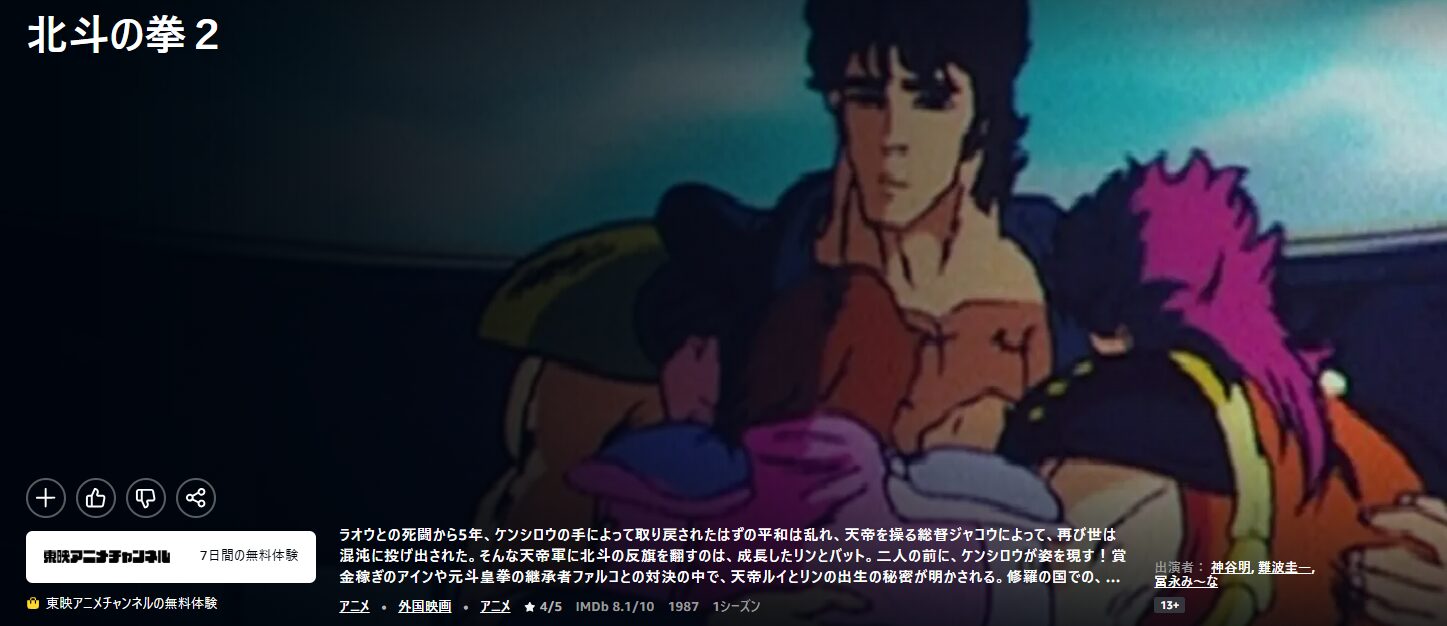 Amazonプライムの北斗の拳（2期）配信画像