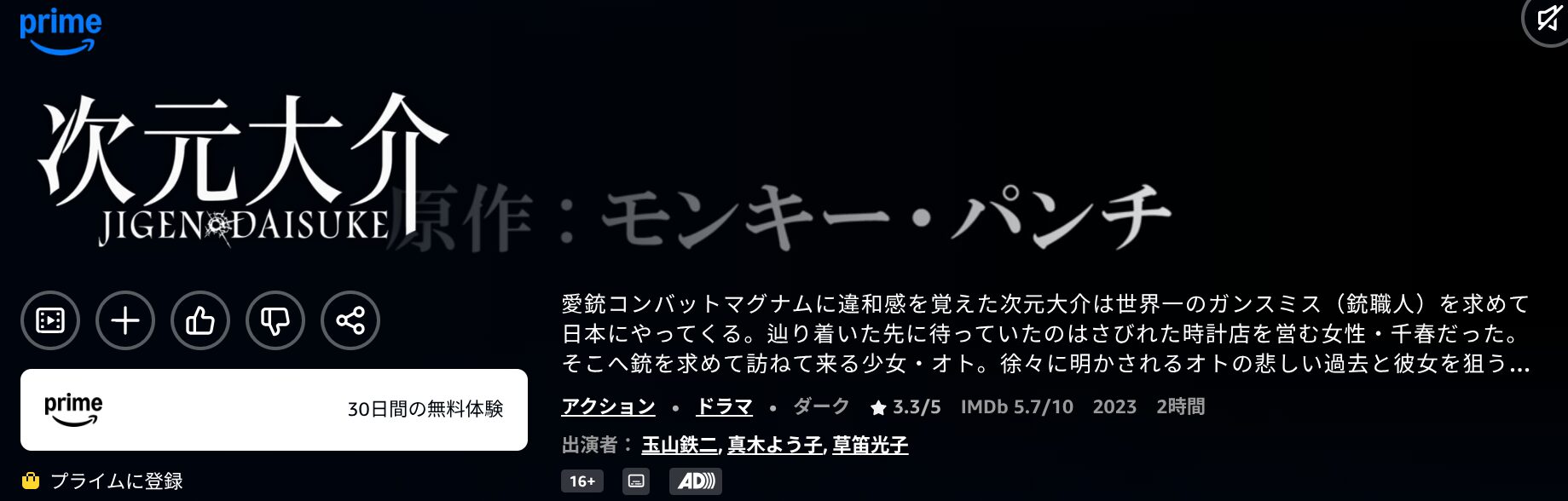 Amazonプライムの実写版 次元大介配信画像