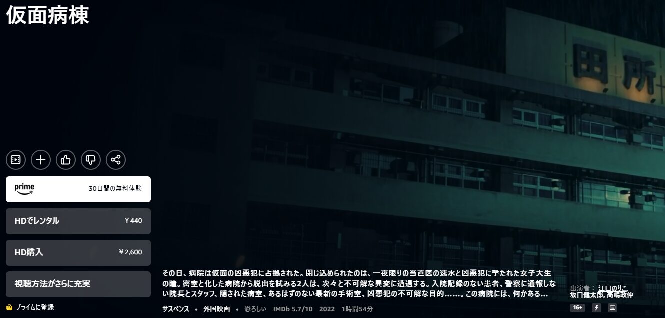 Amazonプライムの仮面病棟配信画像