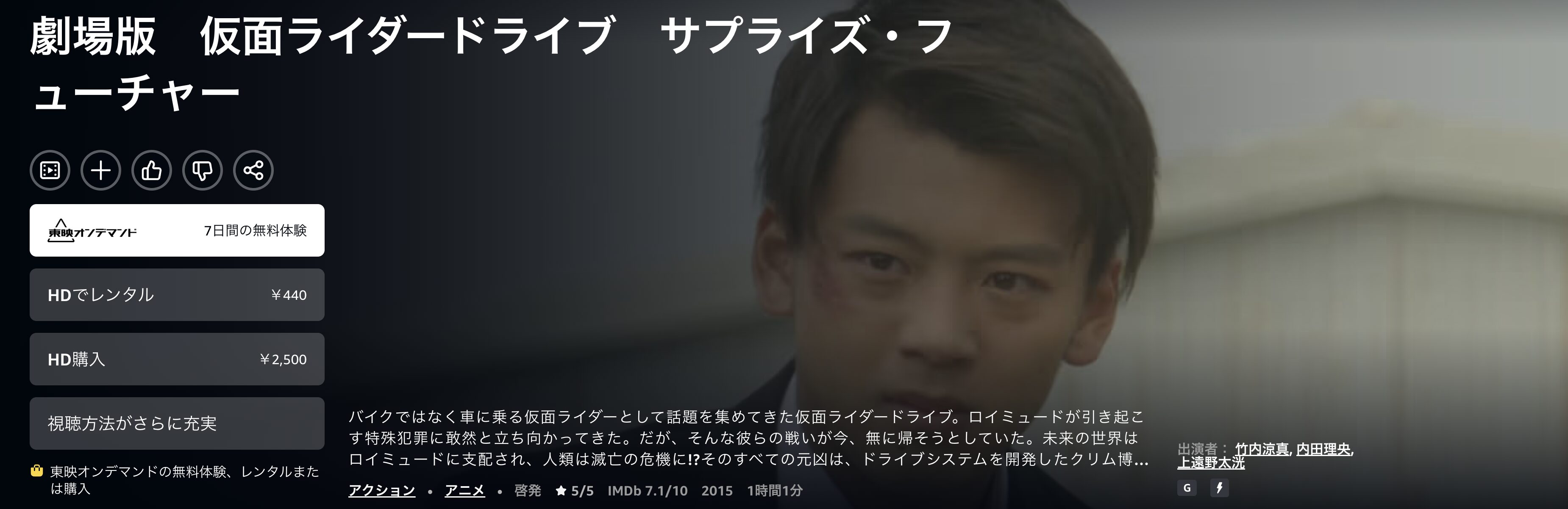 Amazonプライムの劇場版 仮面ライダードライブ サプライズ・フューチャー配信画像