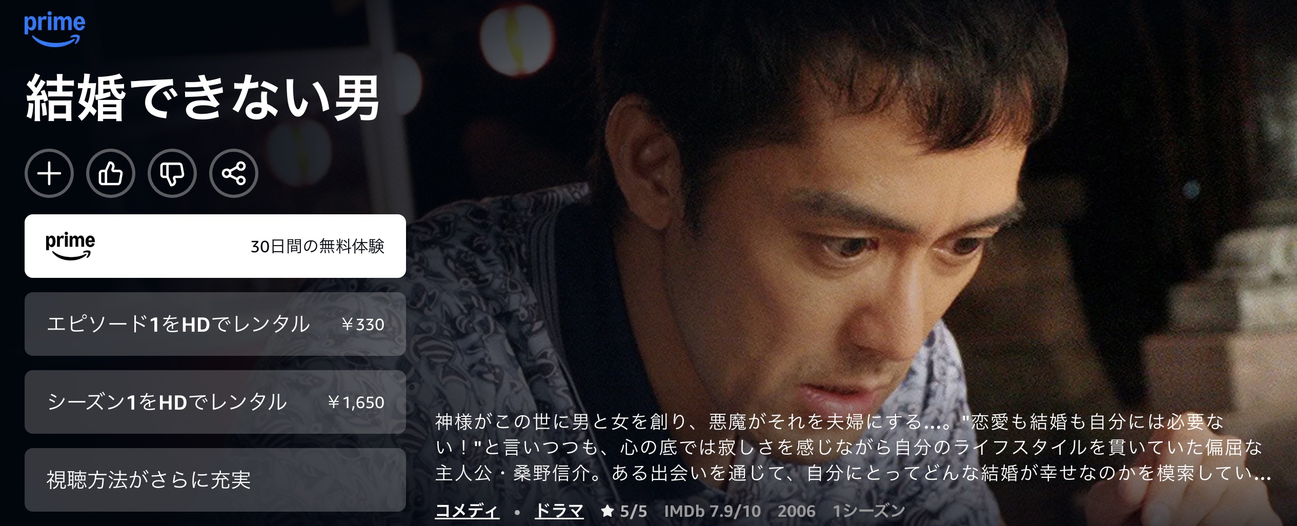 Amazonプライムの結婚できない男配信画像