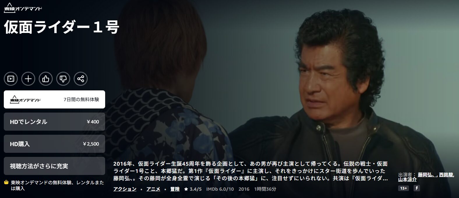 Amazonプライムの仮面ライダー1号配信画像