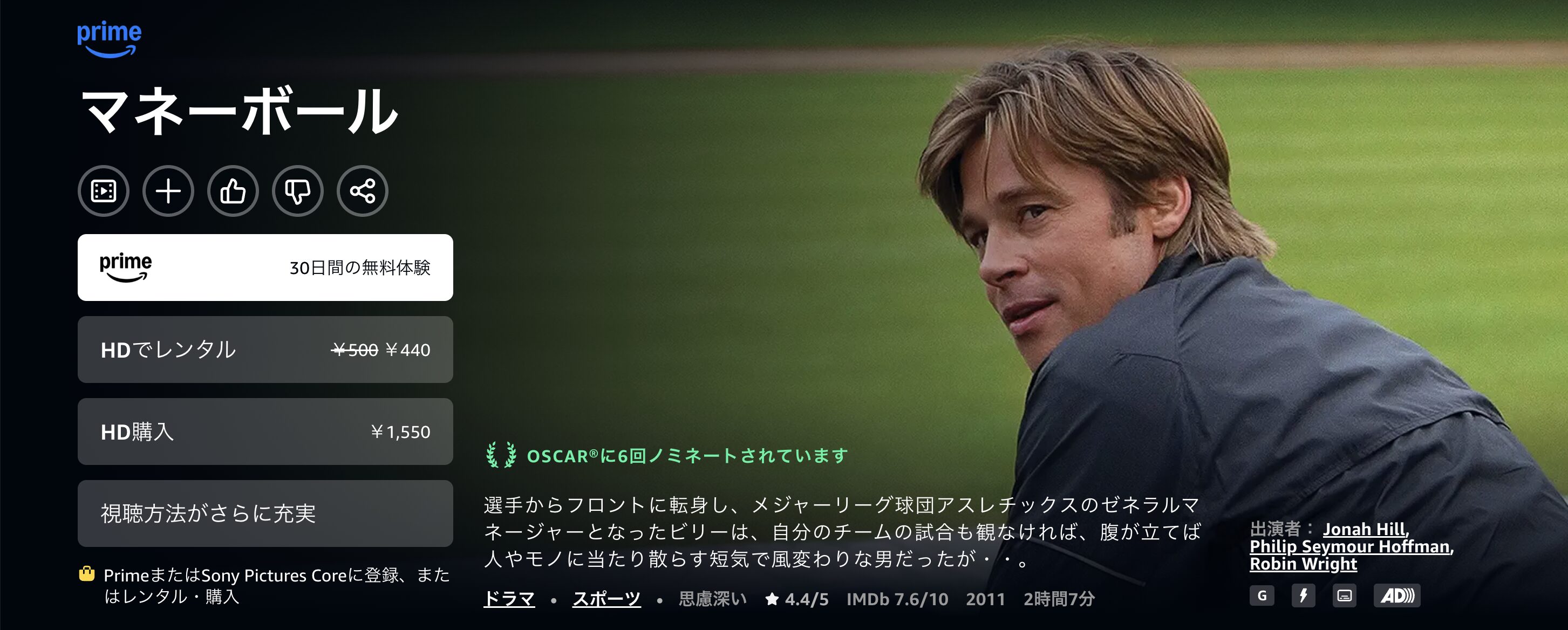 Amazonプライムのマネーボール配信画像