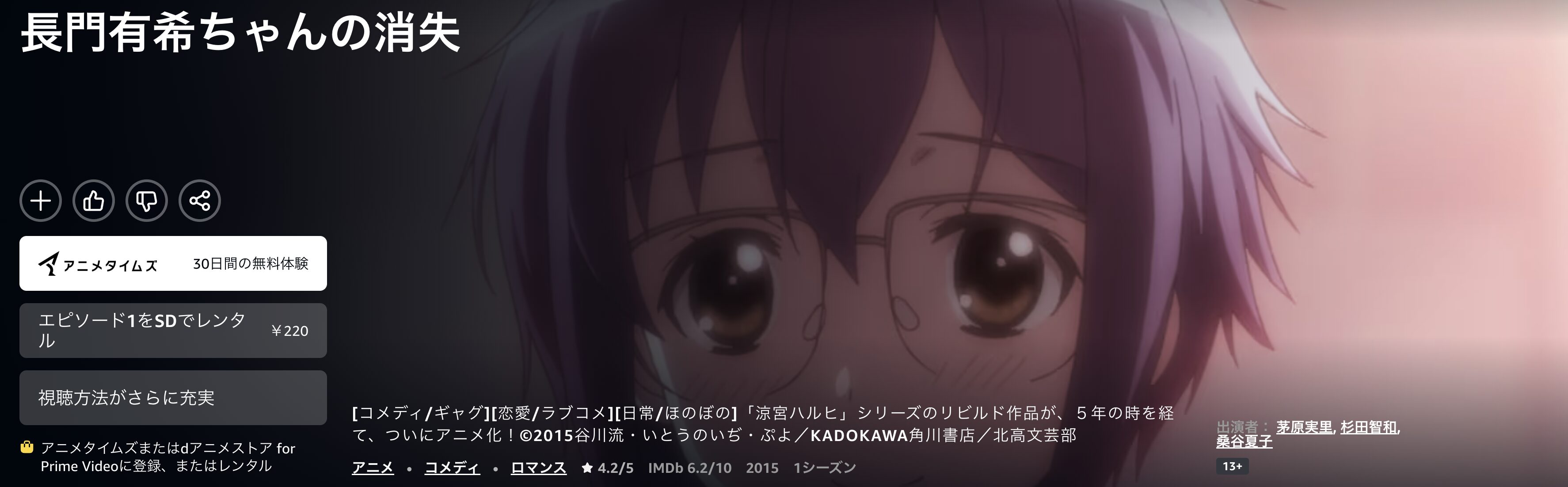Amazonプライムの長門有希ちゃんの消失配信画像