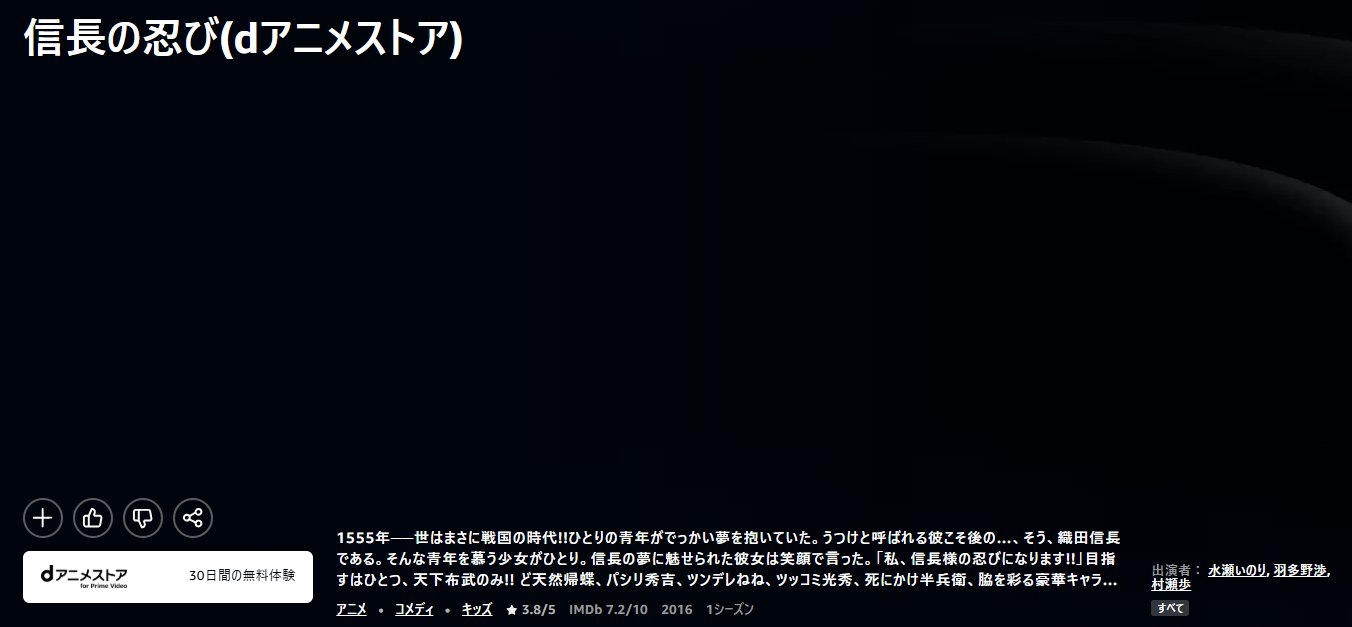Amazonプライムの信長の忍び配信画像