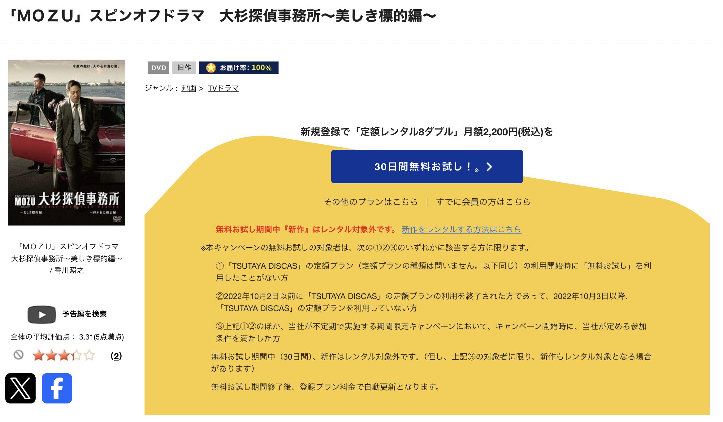 TSUTAYA DISCASのMOZUスピンオフ 大杉探偵事務所
